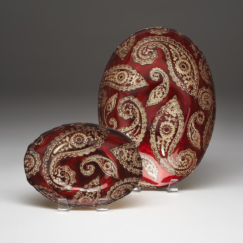 Red Pomegranate Paisley gold red gilded bowl and platter